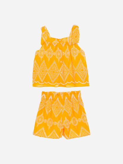 Completo in voile giallo ricamato
